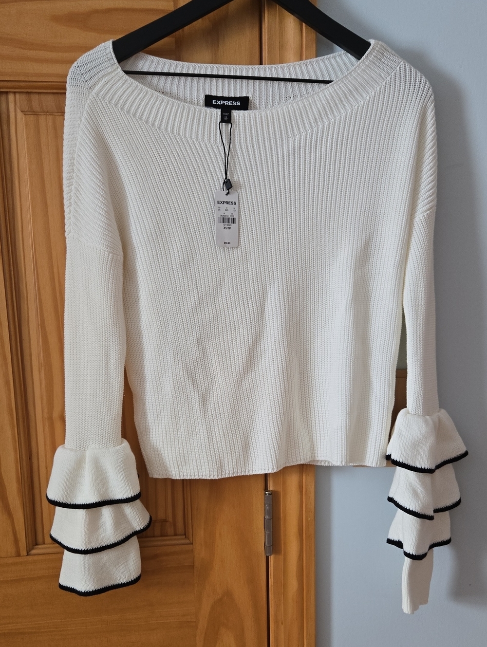 Express White Knit Sweater with Black-Trim Tiered Ruffle Sleeves